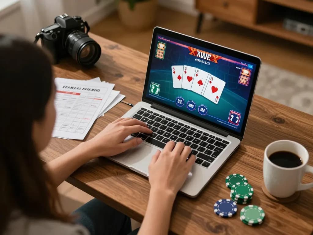 Engaged player enjoying online gambling experience with 23Win on a laptop, showcasing strategy-focused atmosphere.