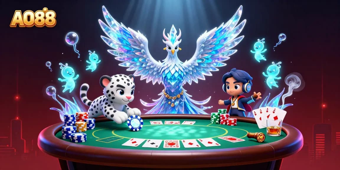 Join AO88 in a vibrant 3D casino scene with a playful ice phoenix, snow leopard cub, and poker elements.