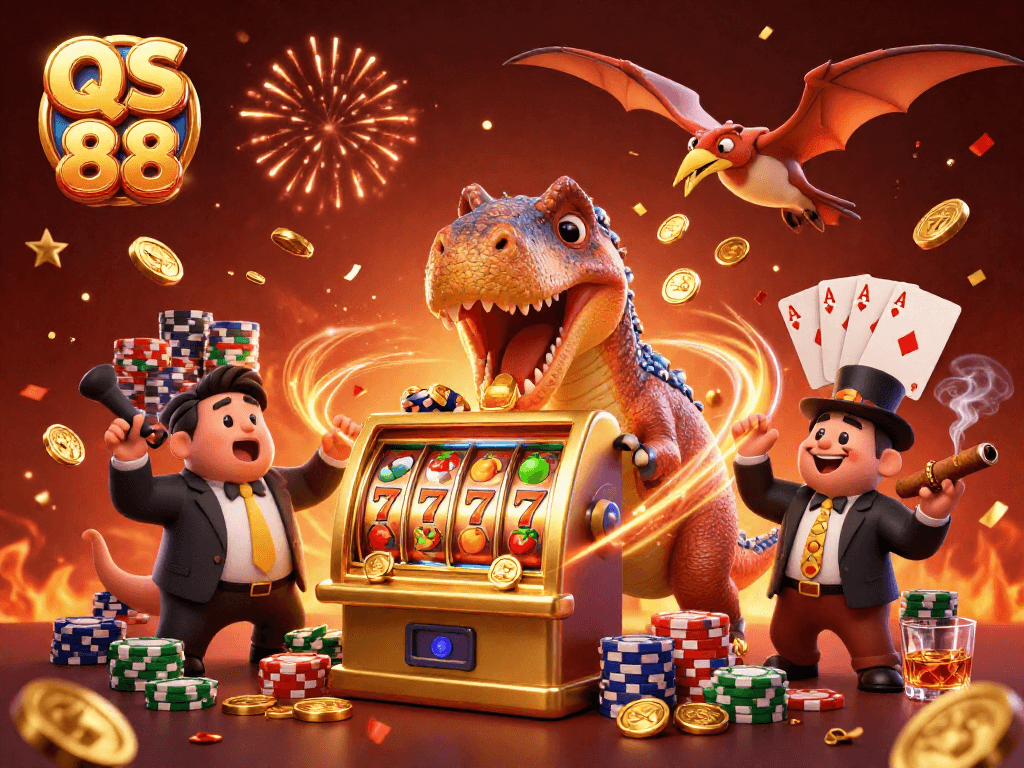 QS 88 characters celebrating a jackpot win at a vibrant casino-themed scene with coins flying.