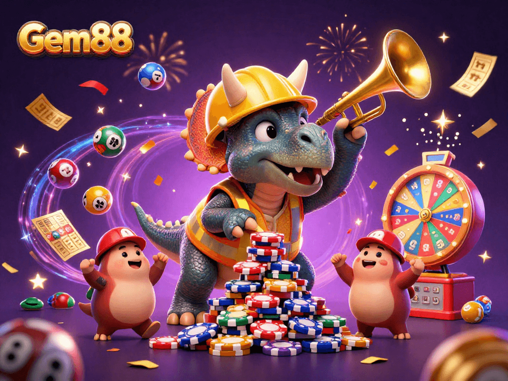 Gem88 captivates players with a dazzling celebration of lottery balls, bingo cards, and festive animations.