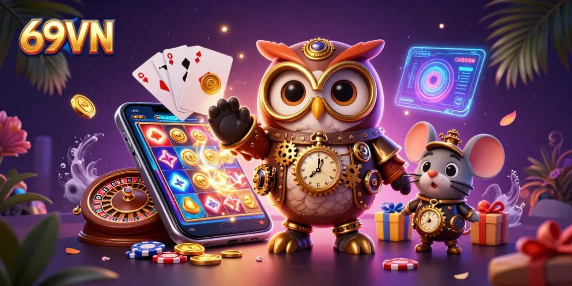 Engage with vibrant 69VN casino action featuring a time-traveling owl in a dynamic, magical atmosphere.