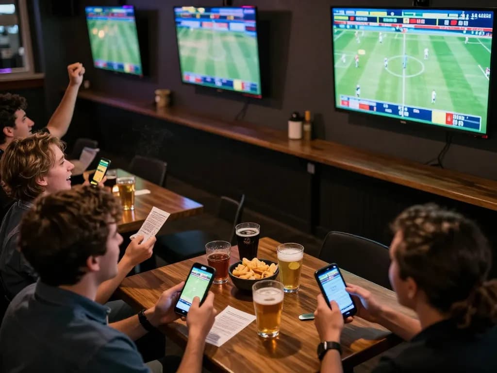 Kèo bóng đá ngày mai action as enthusiastic sports bettors engage with smartphones at a lively sports bar