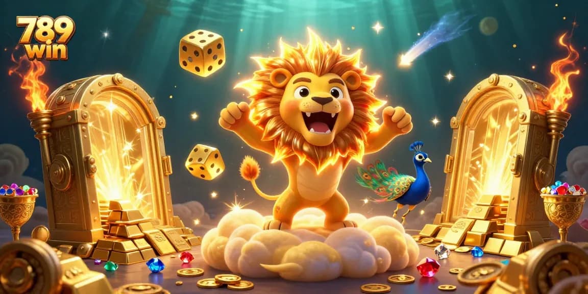 Spin to win at 789 win with a vibrant illustration of a golden lion and dazzling treasures.