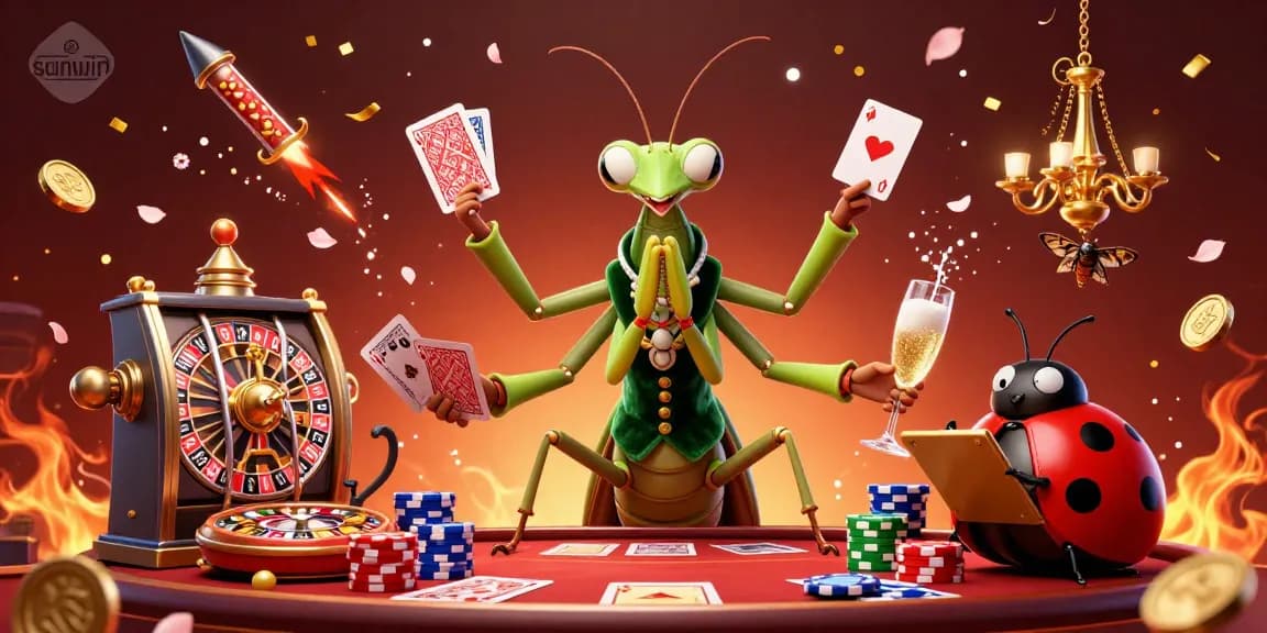 Experience thrilling wins at Sunwin with a giant mantis card sharp and ladybug pit boss in this vibrant casino scene.