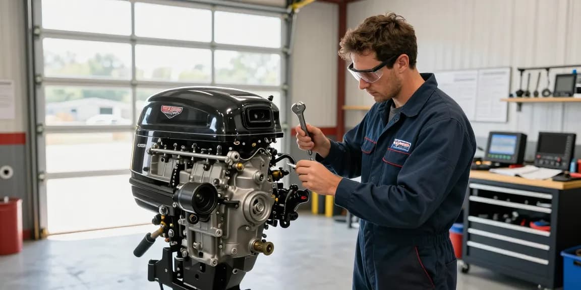 Technician inspecting a used outboard engine USA in a service bay.