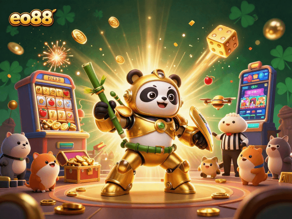 eo88 presents a vibrant 3D casino showdown with a golden panda, dramatic jackpot action, and cheering spectators.