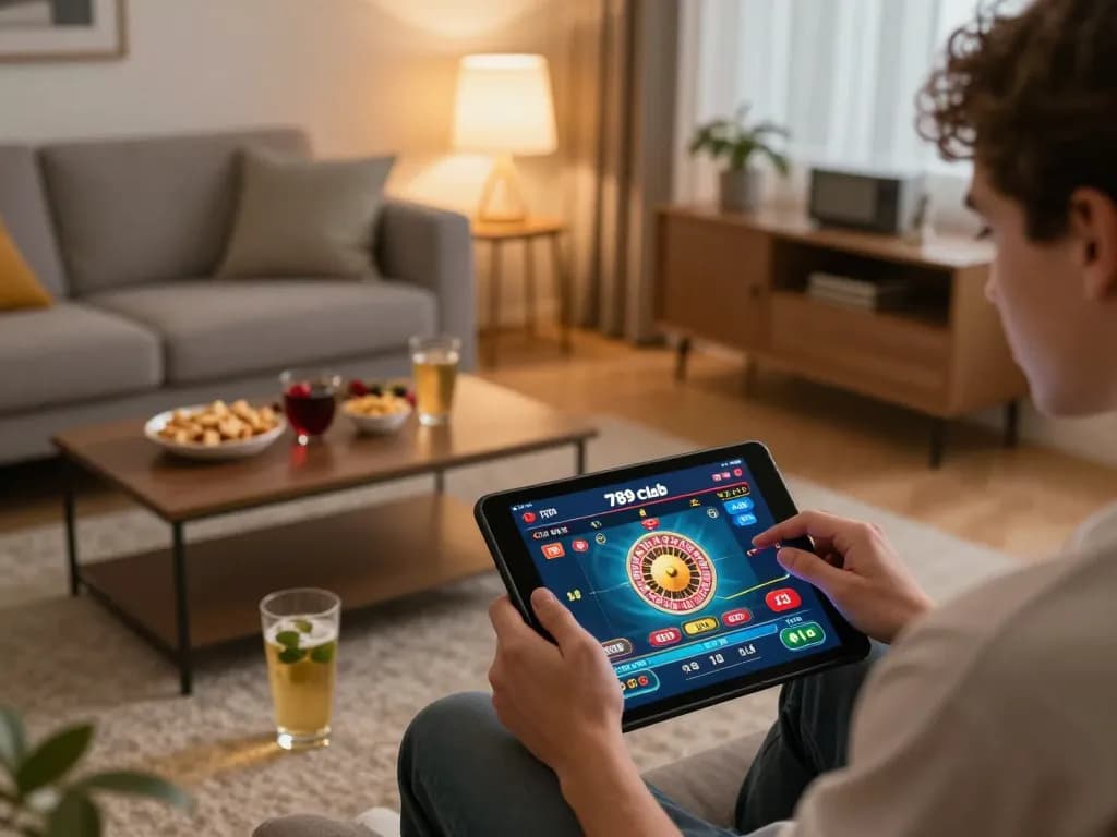 Người chơi hào hứng thưởng thức ứng dụng di động 789 Club tại nhà với nhiều món ăn vặt và giao diện casino hiển thị.