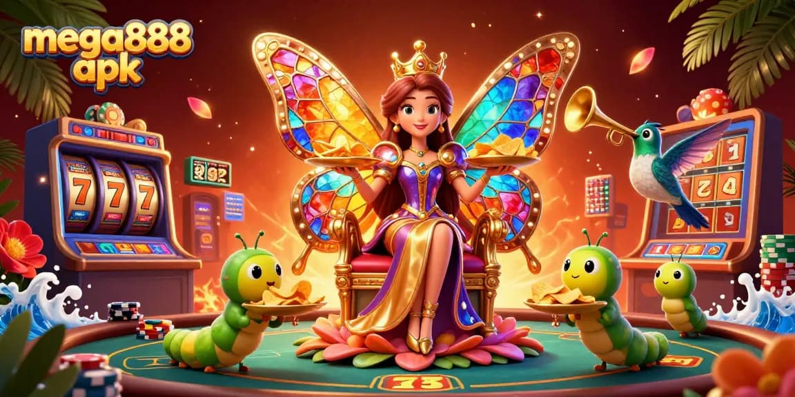 Enjoy mega888 apk with engaging casino visuals featuring a butterfly queen amid colorful gaming elements.