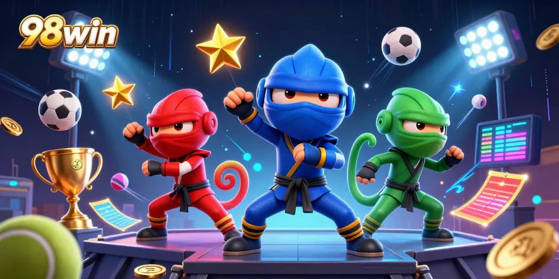 Experience thrilling bets and game action with 98win's colorful chameleon ninjas in an exciting casino scene.