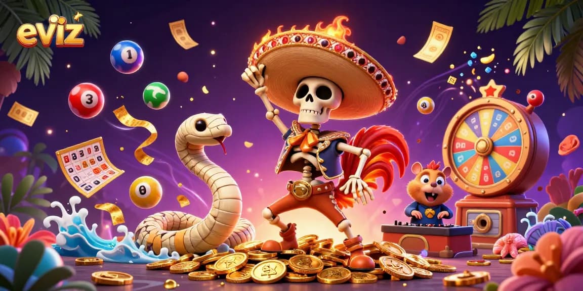 eviz showcases a jubilant skeleton rooster, mummy snake, and DJ hamster amidst vibrant lottery elements, celebrating winning moments.