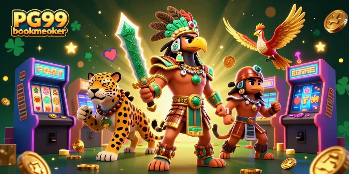 Engage with PG99 bookmaker's vibrant casino scene featuring Aztec warriors and dynamic game elements.