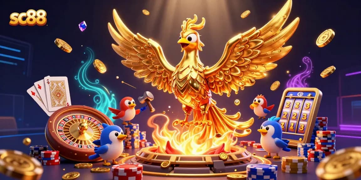 Engage with sc88 gaming realm featuring a molten phoenix and vibrant casino elements.