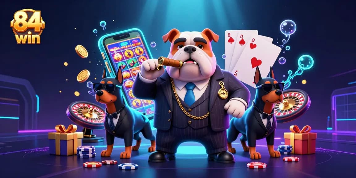 Spin to win at 84win with a thrilling 3D casino scene featuring game elements and charismatic characters.
