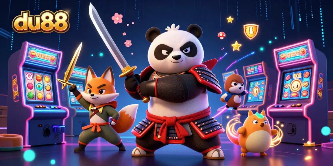 Experience the thrilling world of du88 with a captivating 3D illustration of a samurai panda and casino elements.