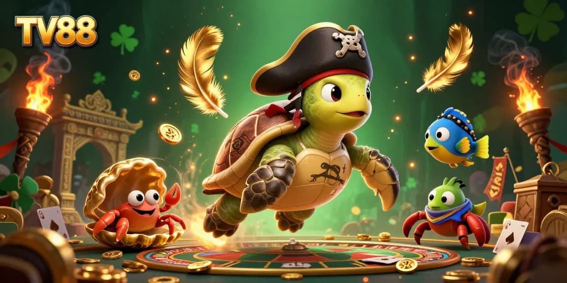 Engage in thrilling live casino action at TV88 with an animated scene featuring a pirate turtle and friends.