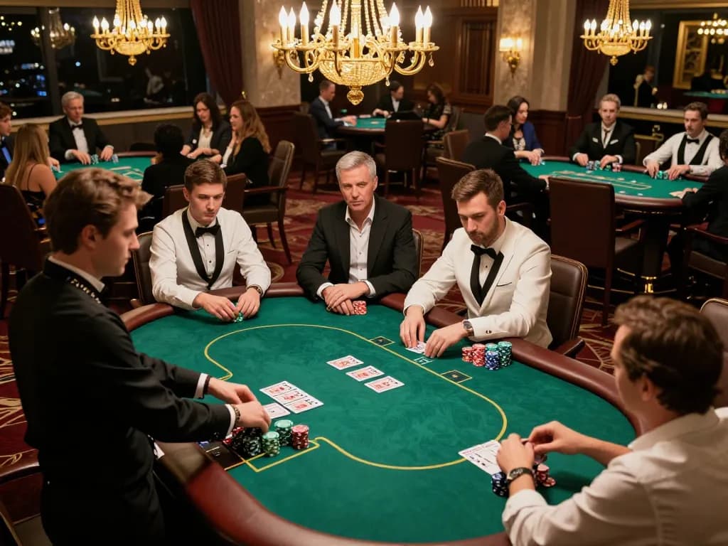 Engaged players at a nohu poker table strategizing their next move in a luxurious casino atmosphere