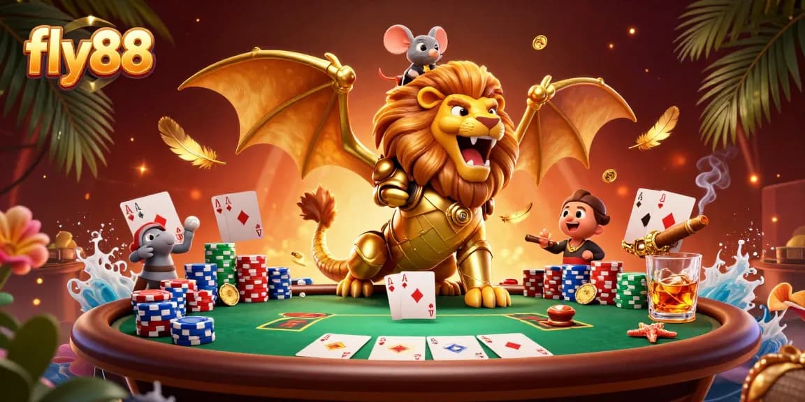 Engage in the thrilling world of fly88 with a majestic chimera celebrating and poker action.
