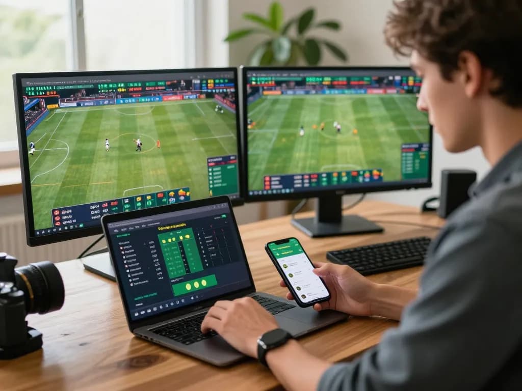 Bsport betting strategies displayed on a laptop while a player analyzes sports odds in a modern home office.
