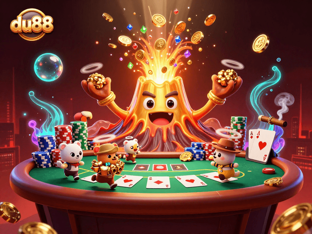 Engage with the du88 casino scene featuring a golden volcano erupting treasures amidst poker excitement and adventure.