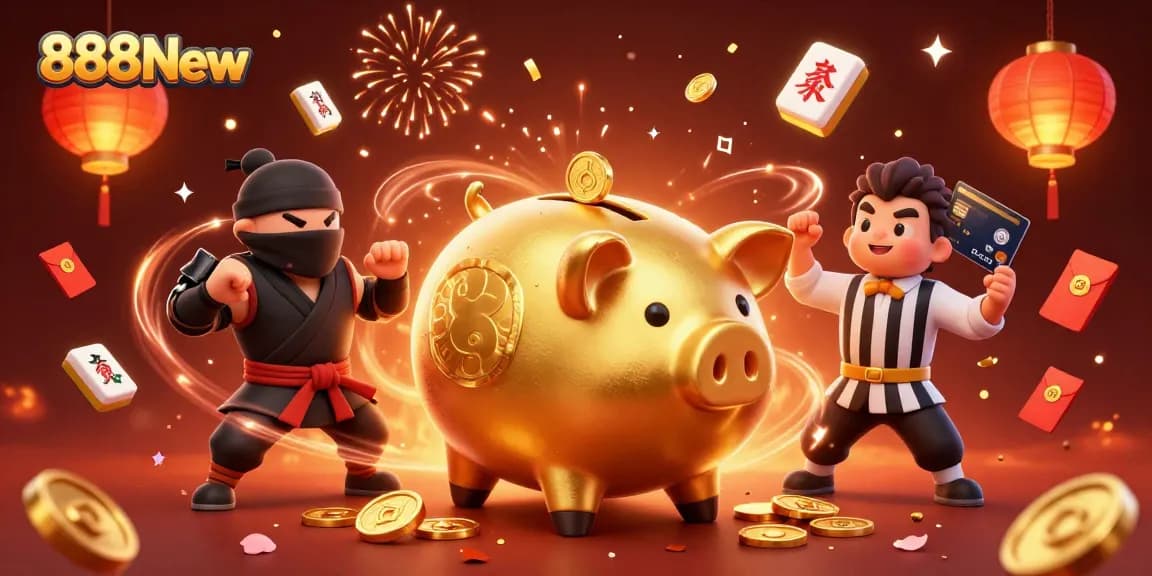 Win big with 888New's exciting games, featuring a vibrant 3D illustration of a sumo wrestler amidst golden coins.