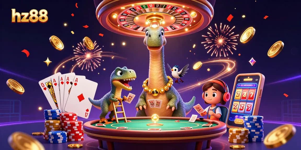 Experience excitement at HZ88 with a lively 3D casino scene showcasing immersive gaming elements.