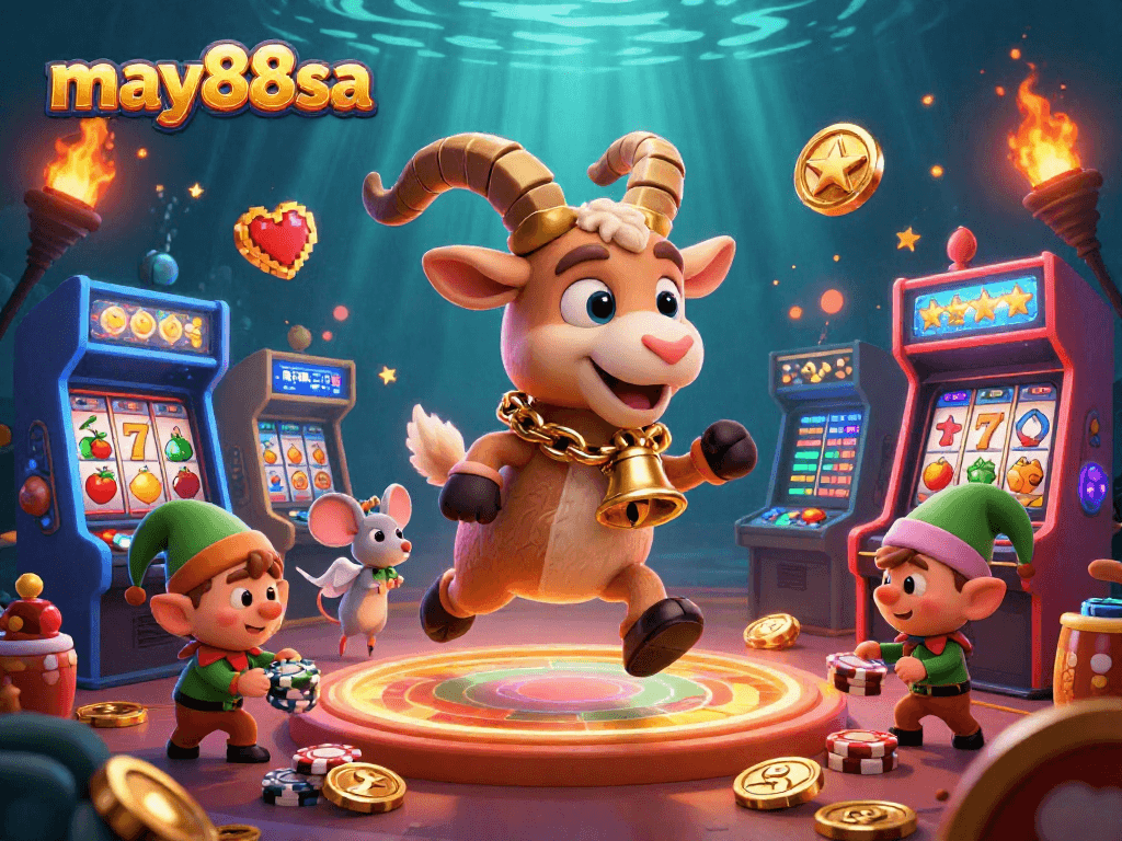Experience thrilling gameplay action with may88sa in a festive casino scene featuring Krampus, elves, and poker chips.