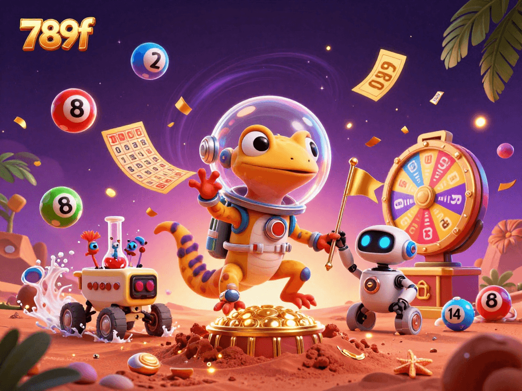 Experience thrilling wins with 789f in this vibrant 3D casino scene featuring dynamic games.