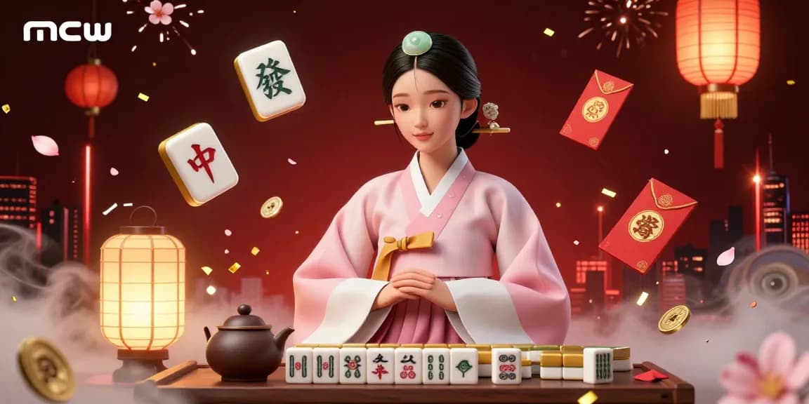 Engage in thrilling games at mcw with vibrant mahjong tiles and a serene Asian woman in traditional attire.
