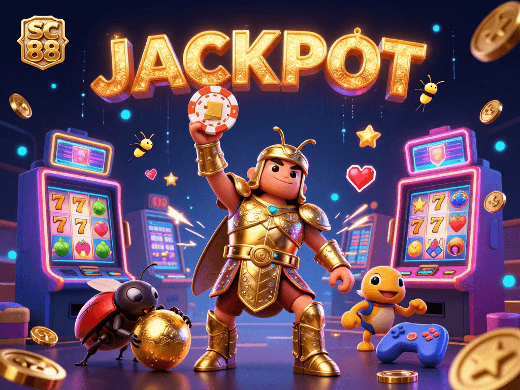 Experience the thrill of sc 88 with a vibrant 3D cartoon scene of a hercules beetle and jackpot!