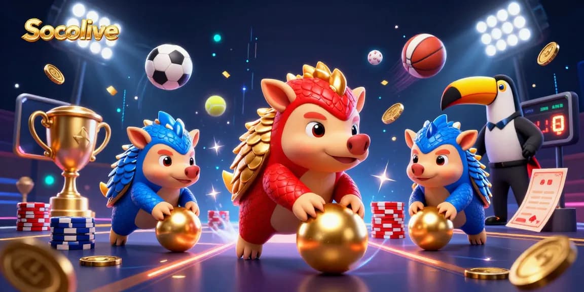 Socolive showcases a vibrant 3D illustration of two rival pangolins, representing thrilling sports betting moments with dynamic elements.