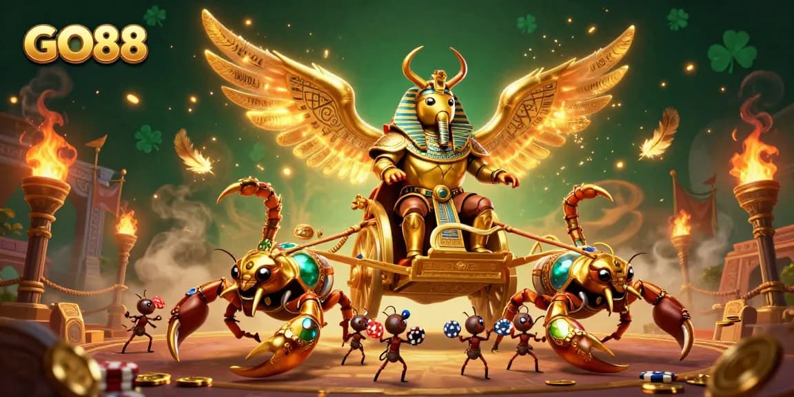 Engage in immersive GO88 gaming with a vibrant illustration showcasing majestic characters and rich casino elements.
