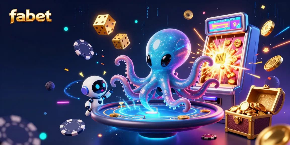 Experience fabet’s thrilling atmosphere with an alien octopus at a holographic poker table amidst dynamic casino elements.