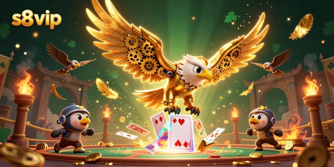 Experience the excitement of s8 vip with a dynamic scene featuring a cybernetic eagle diving through playing cards and surrounded by gold.