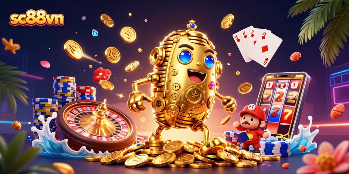 Experience exhilarating gameplay at sc88vn with a vibrant casino illustration featuring golden golems and jackpot excitement.
