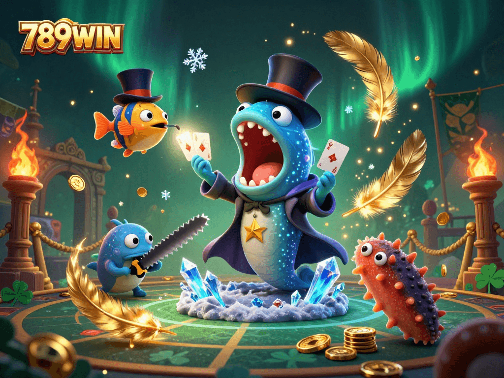 Engage with 789WIN in a vivid underwater casino scene filled with enchanting characters.