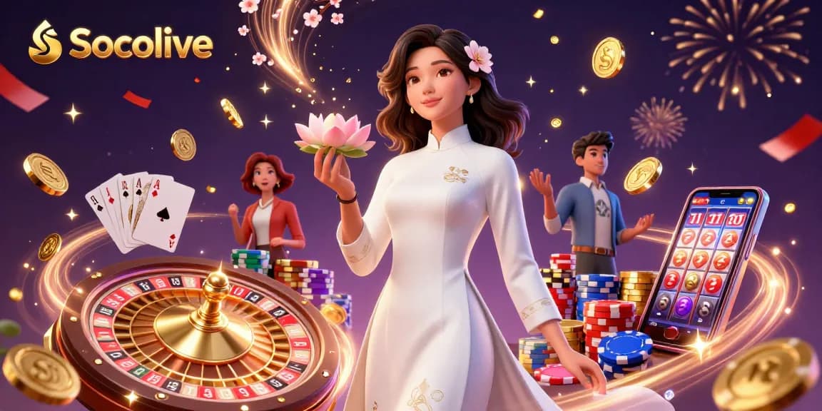 Socolive offers thrilling online sports betting with engaging visuals of a serene Asian woman and dynamic casino elements.