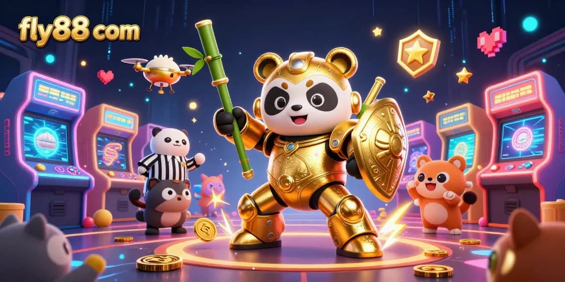 Engage in vibrant casino fun with fly88 com, featuring a mech-suit panda in an electrifying arena