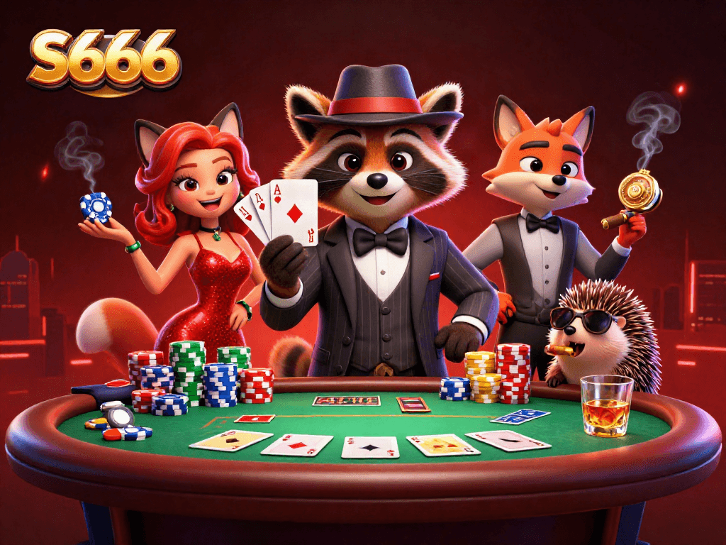 Experience excitement in S666's lively 3D poker scene with charming characters and action.