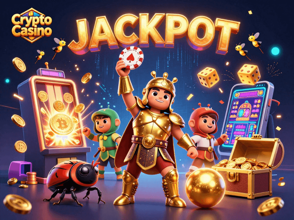 Win big at Crypto Casino with a vibrant scene featuring playful characters and dynamic gaming elements.