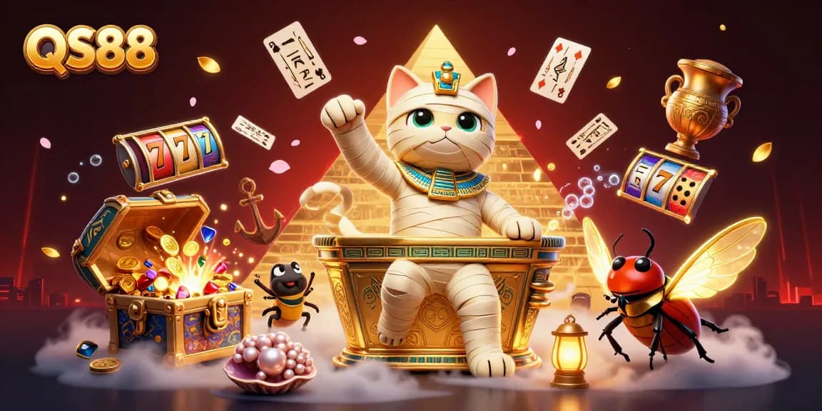 Experience thrilling gaming moments at QS88 with a 3D cartoon mummy cat and slot elements!
