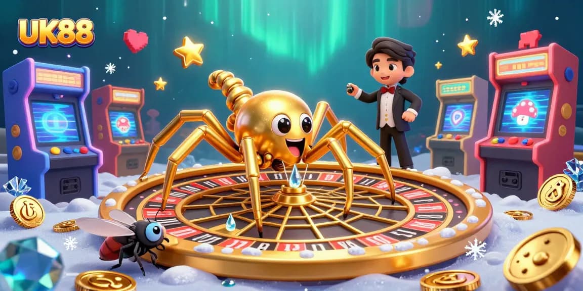 Engage with the thrilling UK88 gaming experience showcasing vibrant casino elements and a dynamic spider roulette.