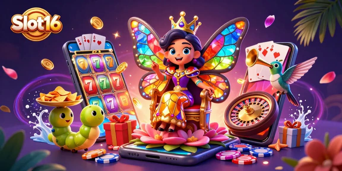 Engage in the vibrant world of Slot16 with a 3D illustration featuring a butterfly queen and colorful slot game elements.