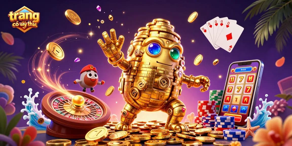Experience the excitement of trang cá cược uy tín with a vibrant casino scene featuring a golden golem and gaming elements.