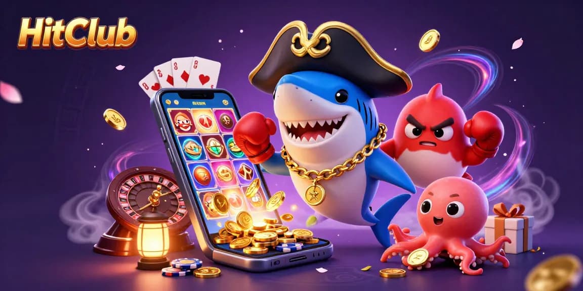 HitClub's thrilling adventure showing a pirate shark with coins, a pufferfish, and an octopus in action.