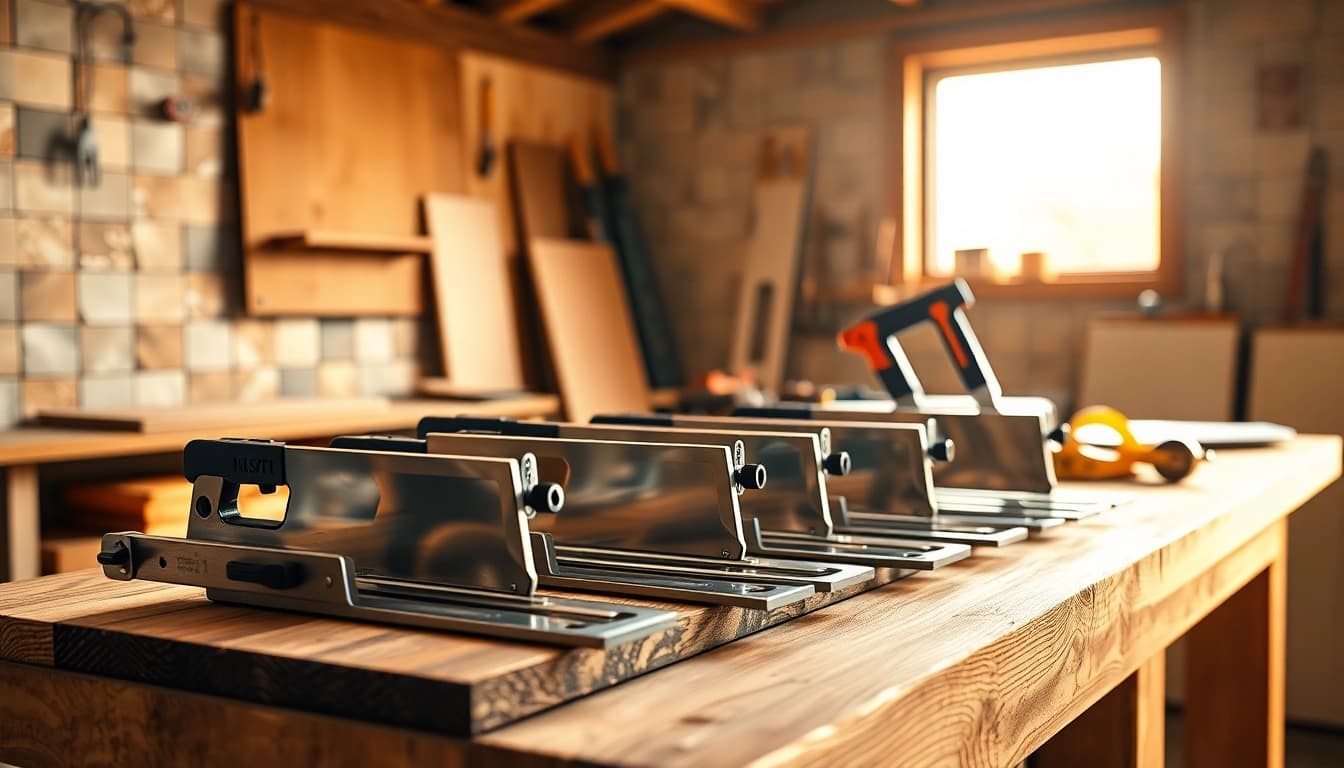 Hochwertiges Fliesenmesser-Set auf einer Holzarbeitsplatte in einer Werkstatt.
