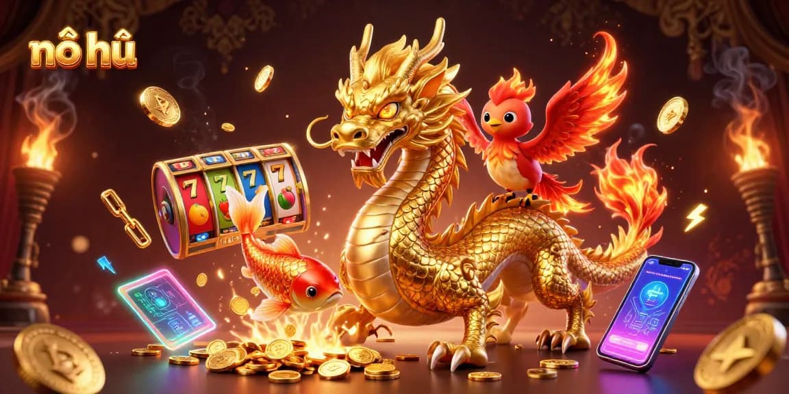 Spin the reels of nổ hũ in this vibrant illustration featuring a golden dragon and phoenix.