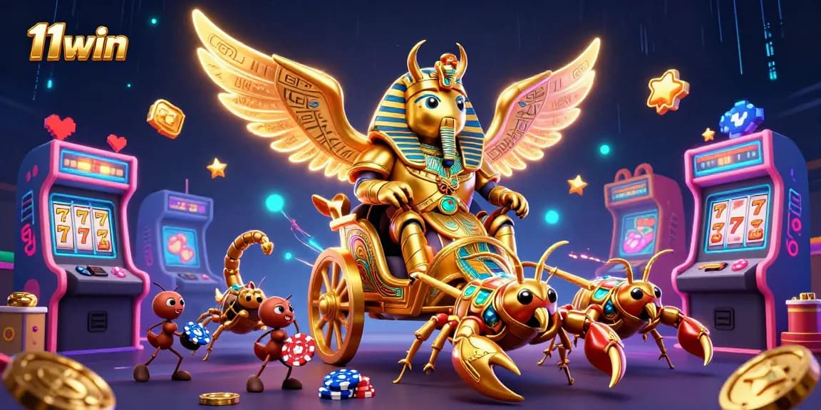 11win captures an exciting casino adventure with a golden scarab and dynamic gaming elements.