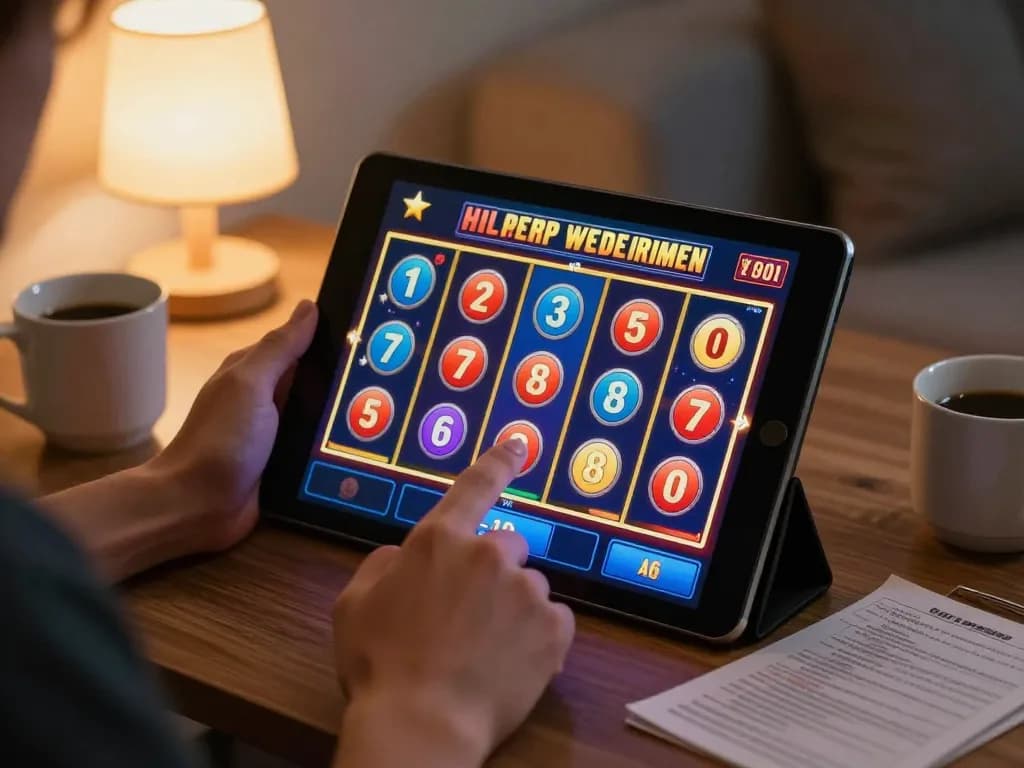 Player engaging in online slot gacor min depo 10k, showcasing vibrant reels on a tablet, surrounded by personal gaming items.