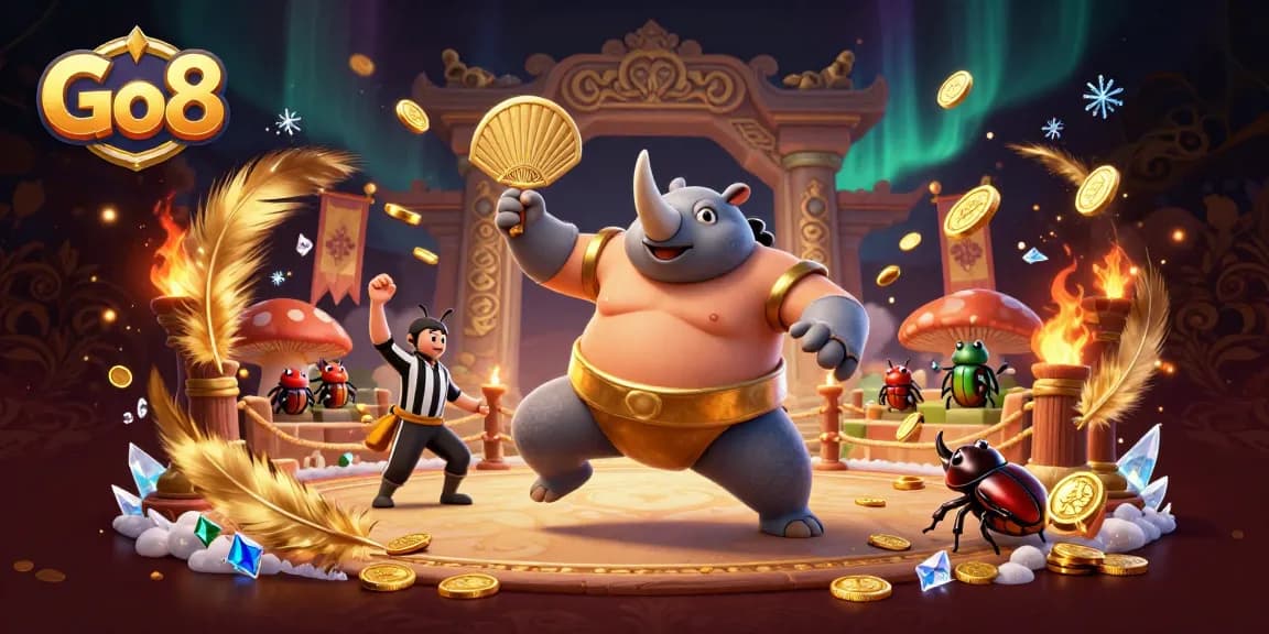 Experience thrilling action with Go8's mascot, a sumo beetle, in a dynamic casino scene.