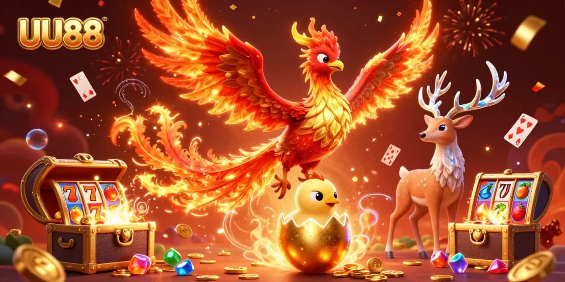 Witness the thrill of UU88 with a vibrant phoenix and casino symbols, celebrating gaming excitement.
